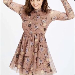 Altar’d State Diya Floral Long Sleeve Mini Fit Flare Mesh Mock Neck Mauve Dress